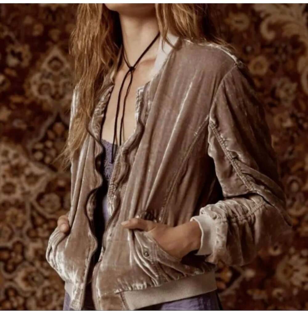 Free People Velvet Bomber Jacket Beige Tan Ruched Size S